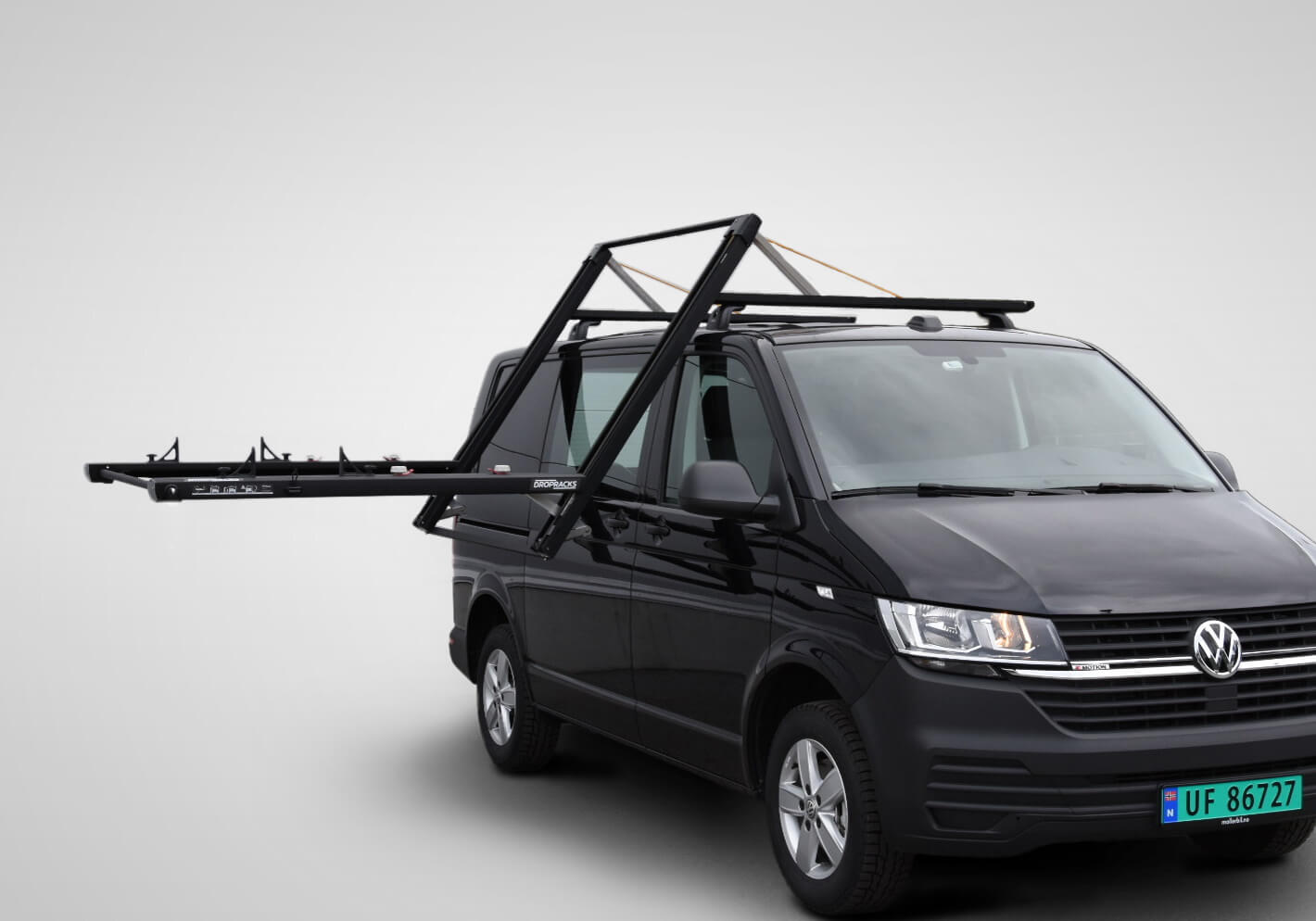 Volkswagen VW T5 Transporter L1 (SWB) H1 (low roof) (2003 to 2015):Dropracks XL roof loading system (vehicle roof connectors at extra cost)